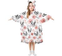 Couverture à capuche pour enfants motif chien aquarelle fleurs roses couverture à capuche en polaire chaude surdimensionnée sweat-shirt filles garçons, A1277, 7-10 ans