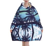 Couverture à capuche surdimensionnée avec imprimé palmier bleu - Couverture portable en flanelle pour adulte, unisexe et adulte, sweat-shirt à capuche confortable et moelleux, Noir , 320g flannel