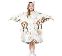 Couverture à capuche surdimensionnée pour enfants, beagles aquarelle, marguerites, sweat-shirt polaire chaud en peluche pour filles et garçons, poche avant spacieuse, bonnet d'oreille mignon, taille S