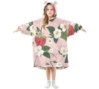 Couverture à capuche surdimensionnée pour enfants, fleurs blanches fraise, sweat-shirt polaire chaud en peluche pour filles et garçons, poche avant spacieuse, bonnet d'oreille mignon, taille S, Aa719
