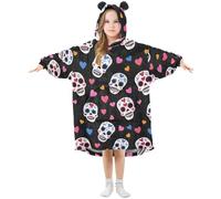 Couverture à capuche surdimensionnée pour enfants, motif cœurs et tête de mort, sweat-shirt en polaire chaude à porter pour filles et garçons, poche avant spacieuse, bonnet d'oreille mignon, taille S