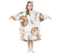 Couverture à capuche surdimensionnée pour enfants, motif fleurs d'écureuil dessinées à la main, sweat-shirt polaire chaud en peluche pour filles et garçons, poche avant spacieuse, bonnet d'oreille