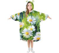 Couverture à capuche surdimensionnée pour enfants, motif marguerites aquarelle, sweat-shirt polaire chaud en peluche pour filles et garçons, poche avant spacieuse, bonnet d'oreille mignon, taille S