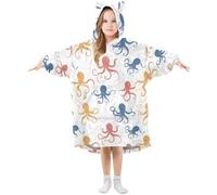 Couverture à capuche surdimensionnée pour enfants, motif pieuvre rouge et bleu, sweat-shirt polaire chaud en peluche pour filles et garçons, poche avant spacieuse, bonnet d'oreille mignon, taille S