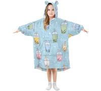 Couverture à capuche surdimensionnée pour enfants, motif thé aux perles bleu, sweat-shirt polaire chaud en peluche pour filles et garçons, poche avant spacieuse, bonnet d'oreille mignon, taille S