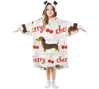 Couverture à capuche surdimensionnée pour enfants, teckel cerise, sweat-shirt polaire chaud en peluche pour filles et garçons, poche avant spacieuse, bonnet d'oreille mignon, taille S, Aa391, S