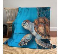 Couverture Animaux Côtiers Réalistes, Couverture Imprimé Tortue Marine Filet De Pêche Douillette et Douce, Chaude et Moelleuse Flanelle Bleu Couvertures, pour Salon Canapé Lit Maison 100x150 cm