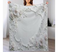 Couverture Blanc Flanelle Imprimée Fleurs Et Feuilles En Relief, All Saisons Douce et Moelleuse Style Rétro Élégant Couverture De Voyage, pour Lit Canapé et Voyage Enfants et Adultes 100x150 cm