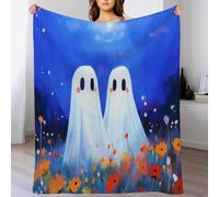 Couverture Bleu Blanc Fantôme du Champ De Fleurs d'halloween,130X150Cm Figures Peintes À l'huile Polaire,Personnes Douce Et Chaude Moelleuse pour Enfants Garçons Et Filles,Décoration De La Maison