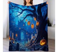 Couverture Bleu Orange Citrouille De Pierre Tombale d'halloween,75X100Cm Paysage d'horreur Polaire,Personnes Douce Et Chaude Moelleuse pour Enfants Garçons Et Filles,Décoration De La Maison