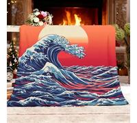 Couverture Cadeau XXL 180x200cm Style Japonais Immense Vagues OcéAniques Texture Polaire Couverture Chaude Douce Rouge Orangé Plaid pour Lits Canapés Chaises et Divans - pour Toutes Les Saisons