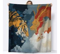 Couverture Canape Grande Taille Chine Dragon Tigre Plaid Polaire en Flanelle Douce et Chaude - Couverture Confortable pour Canapé Lit Enfants et Adultes, 150 x 200 cm Bleu Marine
