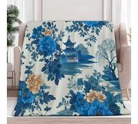 Couverture Canape Grande Taille Pivoine D'Architecture Chinoise Plaid Polaire en Flanelle Douce et Chaude - Couverture Confortable pour Canapé Lit Enfants et Adultes, 150 x 200 cm Bleu