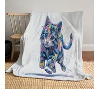 Couverture Chat Mignon - Douillette, Chaude, Moelleuse - en Flanelle Douce - Décoration de Animaux Graffiti avec Impression numérique HD - Jolie Couverture pour canapé, lit - Bleu