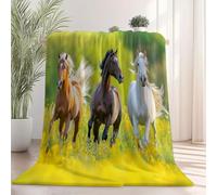 Couverture Chaude 100×130 cmPaysage Champ de Fleurs Cheval Animaux, Imprimée, Jaune Vert Couverture à Poils Ras Flanelle Douce Chaude et Confortable pour Canapé ou Lit, Convient à Toutes Les Saisons