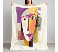 Couverture Chaude 150 x 200 cm avec Motif Abstrait, Moelleuse Multicolore Couverture Polaire pour Enfants Garçons Filles, Géométrique Visage Humain Plaid en Flanelle Décorative 4 Saisons