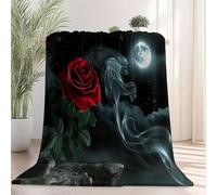 Couverture Chaude 180×200 cm, Romance Fantastique Rose Fleurs Imprimée, Noir Couverture à Poils Ras Flanelle Douce Chaude et Confortable pour Canapé ou Lit, Convient à Toutes Les Saisons