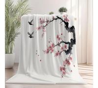 Couverture Chaude 70×100 cmOriental Peinture à l'encre Prune Fleurs Oiseaux, Imprimée, Abricot Couverture à Poils Ras Flanelle Douce Confortable pour Canapé ou Lit, Convient à Toutes Les Saisons