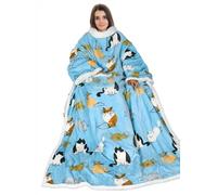 Couverture chaude avec manches, cadeau confortable pour Chill Day, couverture polaire double sherpa pour canapé, cadeau doux pour femmes adultes hommes 185 x 140 cm, bleu chat