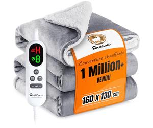Couverture chauffante Mia&Coco avec arrêt Automatique, 160 x 130 cm, 10 Niveaux de Chaleur, minuterie d'arrêt Automatique 9 Heures, Protection Contre la surchauffe, Lavable en Machine, Grise