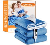 Couverture Chauffante plaid chauffant couette électrique 200x180cm, Flanelle Sherpa, 10 niveaux de température, 1 à 9 heures d'arrêt automatique, affichage numérique, lavable en machine, Bleu