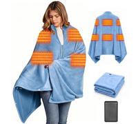 Couverture Chauffante Sans Fil 160x90 cm avec Batterie 16000 mAh 3 Niveaux de Chaleur Plaid Chauffant Électrique Portable, Poncho Chauffant pour Canapé, Bureau, Voyage, Camping (Bleu ciel)