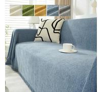 Couverture chenille à chevrons et pompons, housse de canapé, protection pour meubles, douce, imperméable et lavable pour animaux de compagnie, enfants, chiens et chats (bleu, 180 x 340 cm / 70,8 x 133