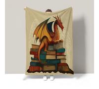 Couverture Colorée en Flanelle Dragon Assis sur Une Pile De Livres, Animaux Rétro Couverture Polaire, Confortable Et Légère pour Canapé Bureau pour Toutes Les Saisons, 220x240cm