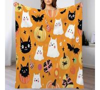 Couverture Couleur Orange Chat Noir Fantôme d'halloween,100X130Cm Animaux De Dessins Animés Polaire,Personnes Douce Et Chaude Moelleuse pour Enfants Garçons Et Filles,Décoration De La Maison