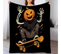 Couverture Couleur Orange Squelette De Skateboard d'halloween,100X130Cm Personnages De Dessins Animés Polaire,Personnes Douce Et Chaude Moelleuse pour Enfants Garçons Filles,Décoration De La Maison