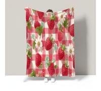 Couverture Damier Fraise Floral Champêtre Couverture en Flanelle Rose Blanc Plaid Doux Chaude Léger pour Canapé Lit Voyage Plaid Décorative pour Enfants Garçons Filles 70X100Cm