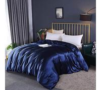 Couverture De Couette De Soie De Luxe,Soie De Mûrier 100% Couleurs Pures Soie Soieette Ultra Doux Lisses Housse De Couette avec Fermeture à Glissière Cachée Liens-Bleu Foncé 220x240cm