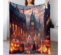 Couverture de d'halloween,Joyeuse automne200 x 200cm Citrouilles, fantômes, Rues,Couverture en Polaire,Décoration de la Maison Couleur Orange