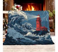 Couverture de Lit en, Douillette pour Enfant 100x130 cm OcéAn Vagues GéAntes Phare Anti-décoloration Plaid Canapé Doux Confort Plaid Bleu Foncé Couverture Sieste Legere Chaude Cadeau Plaids