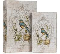 Couverture de livre avec motif d'oiseau - Cache-secret en 2 parties au design vintage - Boîte à livres décorative pour bijoux & documents - Boîte de rangement 27,2x18x7cm & 21,2x13x5cm