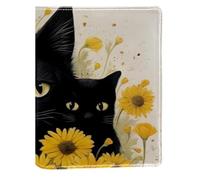 Couverture de livre remplaçable en cuir PU réutilisable avec motif marguerites et chats noirs, convient pour les ordinateurs portables de 148 x 210 mm