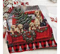 Couverture de Noël vintage rouge camion avec sapin de Noël - Motif chien mignon - Plaid en flanelle douce - Chaude, confortable et légère - Pour chaise, canapé, chambre à coucher, camping-car - 101,6
