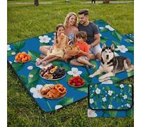 Couverture de Pique-Nique 200x200cm,Outdoor Couverture Imperméable,Pliable Tapis de Plage Dos en PVC Anti-Sable,Grande Picnic Blanket pour Camping Accessoires,Jardin,Parc et Famille-Bleu,Floral UZ-76