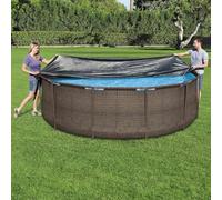 Couverture de Piscine Bestway Flowclear 366 cm PVC Anthracite avec Trous de vidange et Cordes de Fixation pour Piscine Steel Pro, Protection Contre débris, Feuilles, évaporation et saleté
