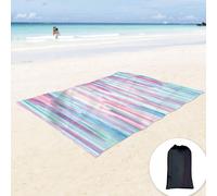 Couverture De Plage Douce Et Soyeuse Sans Sable Avec Poches D'angle 213x185cm,Sac En Maille,Fête,Voyage,Camping Et Festival De Musique En Plein Air,Peinture Aquarelle,Rayures Bleues Et Roses