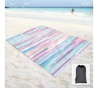 Couverture De Plage Douce Et Soyeuse Sans Sable Avec Poches D'angle 270x205cm,Sac En Maille,Fête,Voyage,Camping Et Festival De Musique En Plein Air,Peinture Aquarelle,Rayures Bleues Et Roses