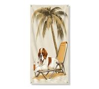 Couverture de porte amusante de Saint-Bernard - Bannière décorative de 91,4 x 182,9 cm - Motif palmier de plage vintage - À suspendre pour porte d'entrée, intérieur ou extérieur