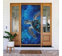 Couverture de porte bleue tortue de mer - Bannière de bienvenue au printemps - Bannière de porche - Fond photo saisonnier - Couvertures de porte d'entrée saisonnières - Décoration intérieure et