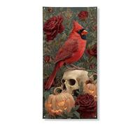Couverture de porte cardinale d'Halloween - Bannière décorative - Oiseau rouge gothique et tête de mort de citrouille - Décoration de porte d'entrée - Intérieur ou extérieur - Vintage - À suspendre