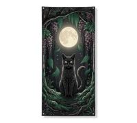Couverture de porte chat mystique - Bannière décorative - Motif forêt nocturne enchantée - Décoration d'intérieur pour l'automne et Halloween - 91,4 x 183 cm