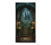 Couverture de porte château mystique - Bannière décorative - Forêt enchantée - Style gothique - Halloween - Automne - Décoration extérieure et intérieure - 91,4 x 182,9 cm