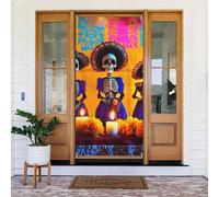 Couverture de porte colorée en sucre crânes et pissenlits - Bannière décorative - Panneau de porche pour fête de vacances, fond de cabine photo, utilisation intérieure et extérieure - Taille unique