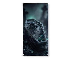Couverture de porte d'araignée d'Halloween - Bannière décorative - Motif cercueil gothique foncé - Décoration de porte d'entrée - Intérieur ou extérieur - Toile de fond effrayante à suspendre