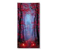 Couverture de porte d'automne mystique - Bannière décorative - Scène de château de forêt enchantée - Décoration de porte d'entrée - Intérieur ou extérieur - Décoration d'Halloween à suspendre