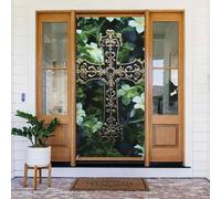 Couverture de porte de bienvenue au printemps - Grande bannière à suspendre - Croix noire parmi fleurs vertes - Panneau de bienvenue - Panneau de bienvenue - Pour porte et fenêtre - Décoration